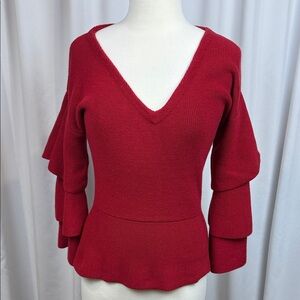 Boston Proper Red V-neck Sweater with tiered sleeves, Small